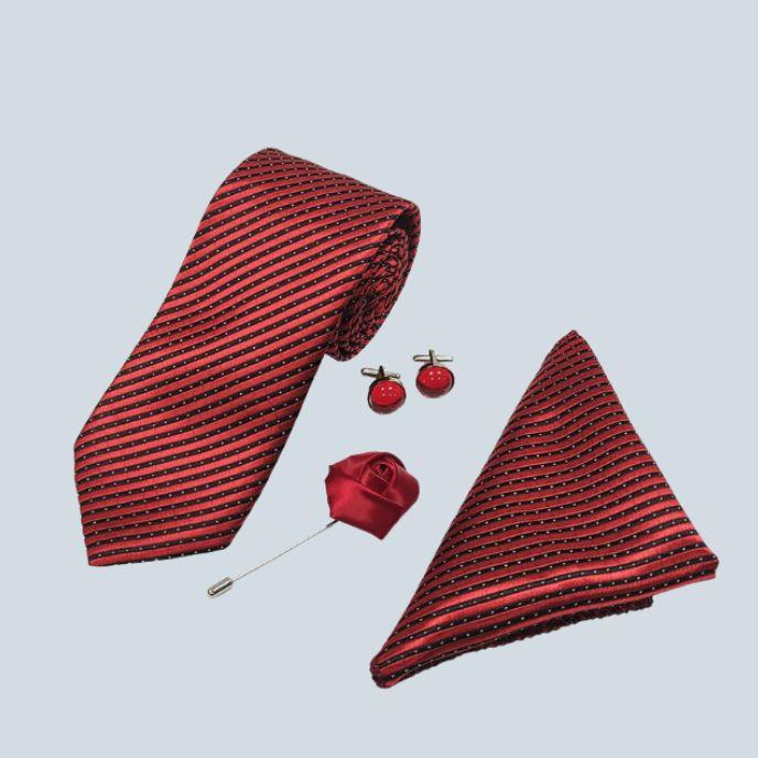 Rare Combee Red Color Black Stripted Silk Necktie Premium Fabric Excellent Finishing with Pocket Square, Rose Pin & Cufflinks